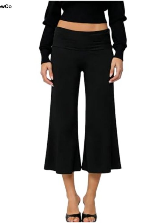 Pants - Womens Fold Over Capri Pants Flow Wide Leg Gaucho Yoga Lounge